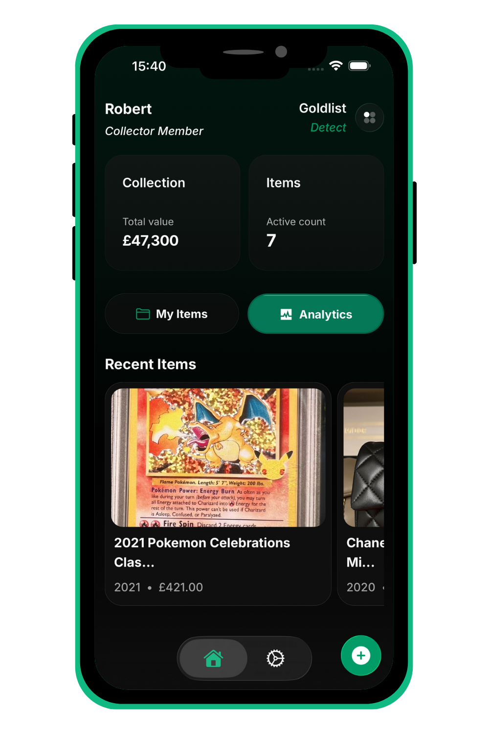 Mobile app interface displaying collector details and recent items, Charizard card shown.