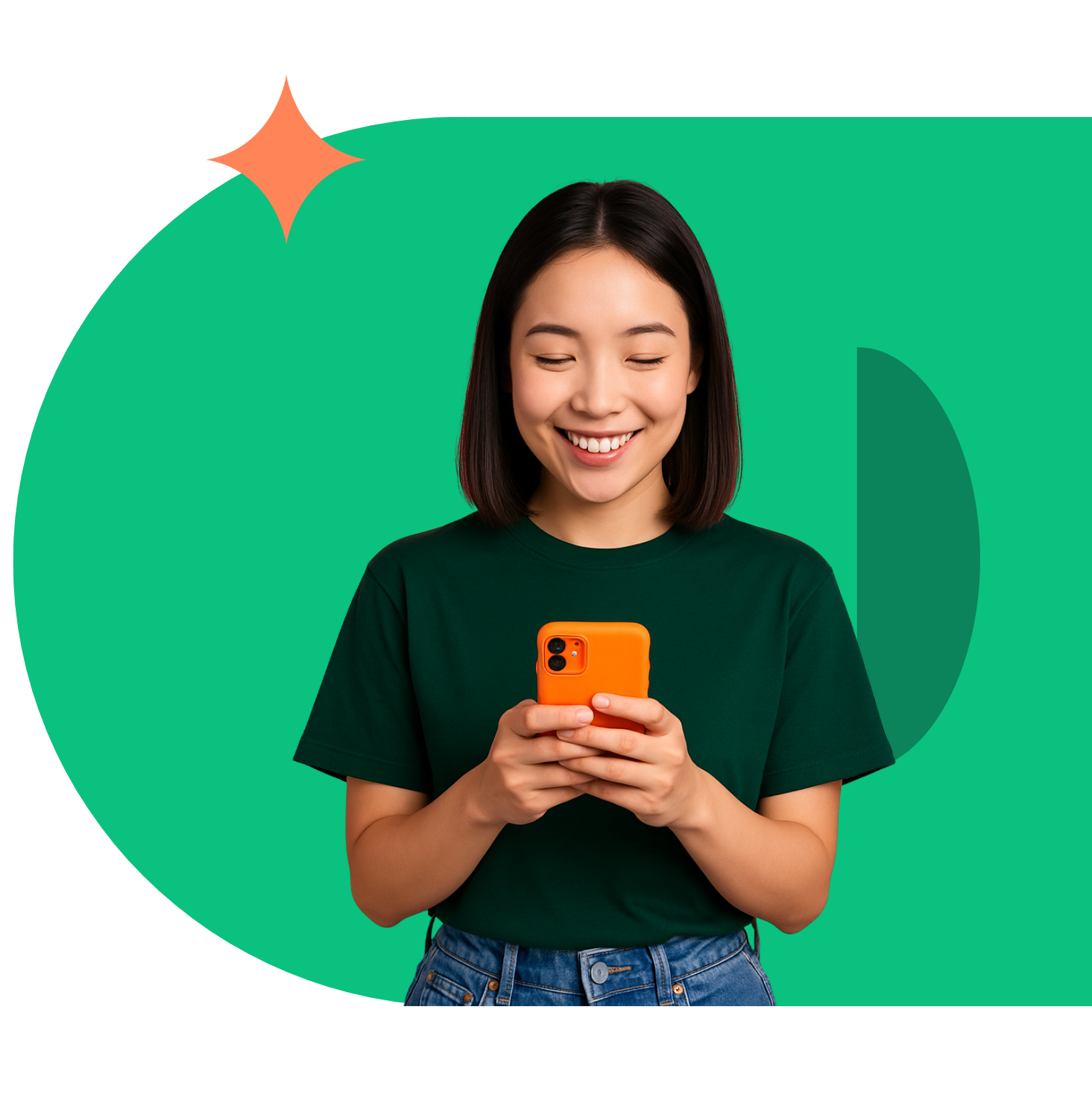 Woman smiling at orange phone, green background, orange star.