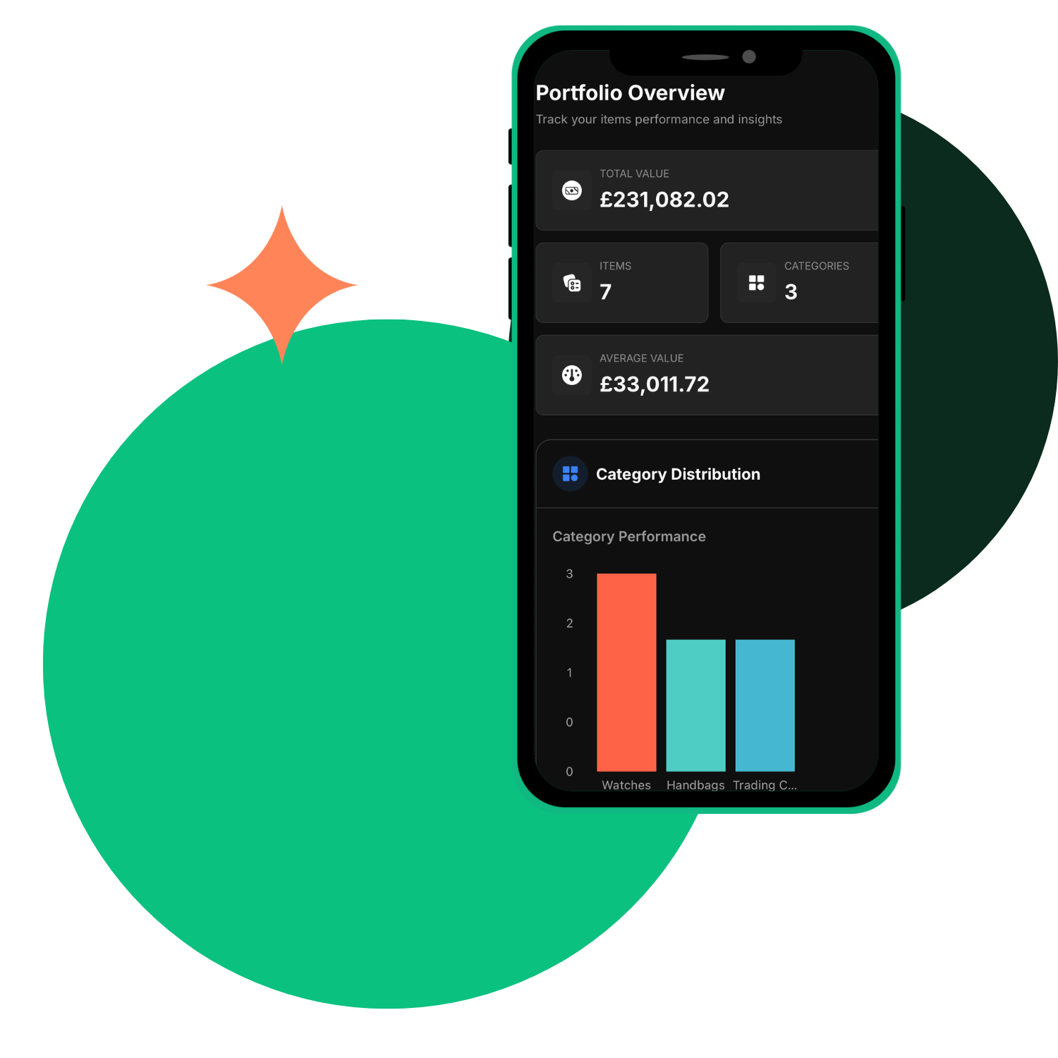 Mobile app interface displaying a financial portfolio overview with charts and data on a dark background.
