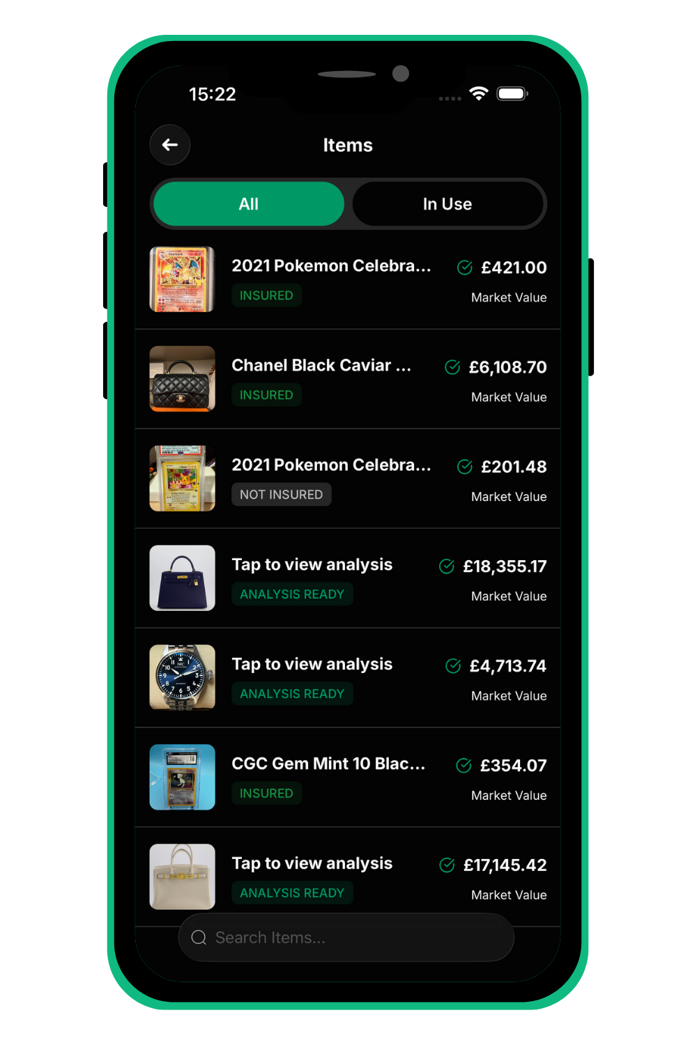 Mobile app displaying a list of luxury items with prices and details on a black background.