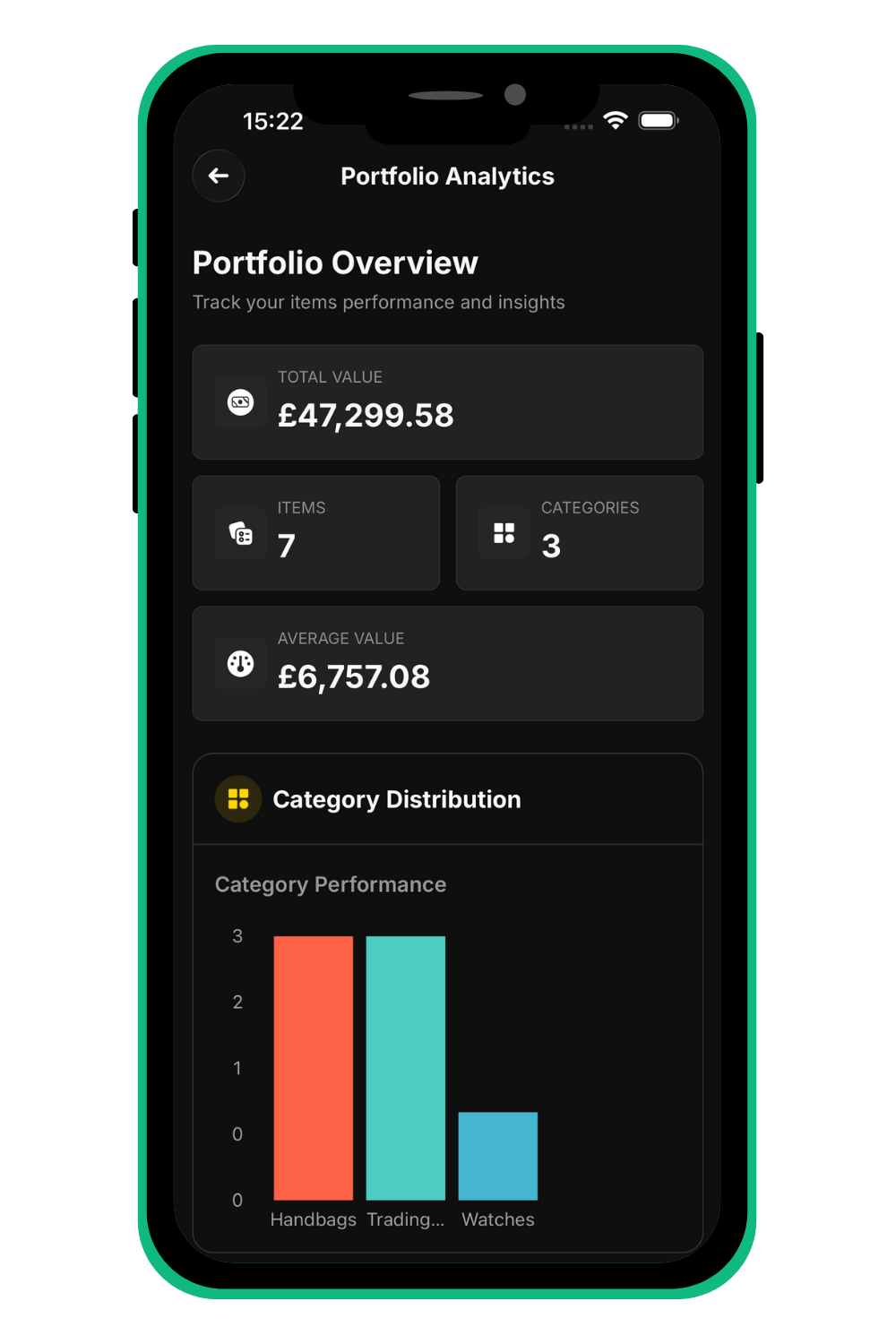 Mobile app screen displaying portfolio overview and category distribution in dark mode.