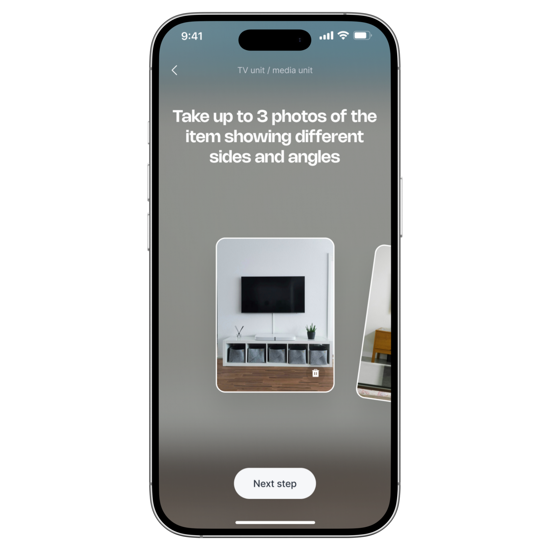 Smartphone screen showing an app interface. Options for adding images from camera, gallery, file, and URL.