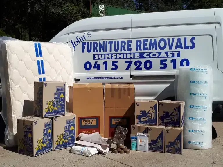 Furniture Removal Van With Boxes, Mattress, and Packing Supplies — John's Furniture Removals in Noosa Heads, QLD