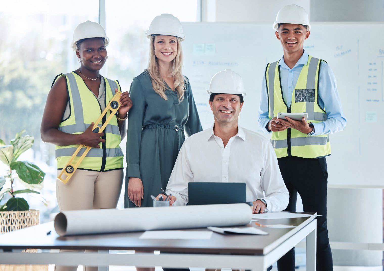 Four architects in safety vests and hard hats pose in an office. They smile, with a blueprint and whiteboard in the background.