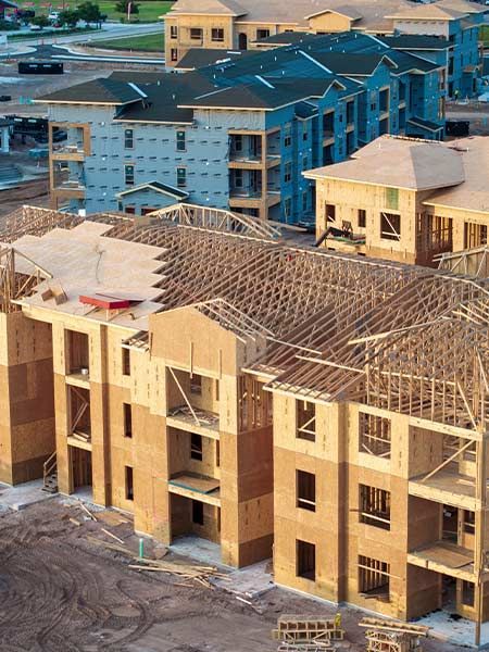 Apartment buildings under construction, wooden frames, blue siding, rooftops.