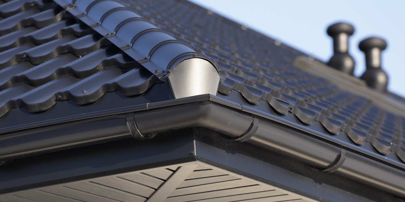 Black roof with gutters and a corner detail. Two chimneys visible in the background.