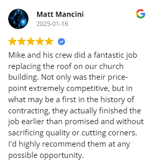 Review for Mike and his crew: 5-star rating, positive review for roof replacement, finished early.