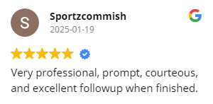 Review from Sportzcommish: 5 stars and a blue checkmark. Text: professional, prompt, courteous, and excellent follow-up.