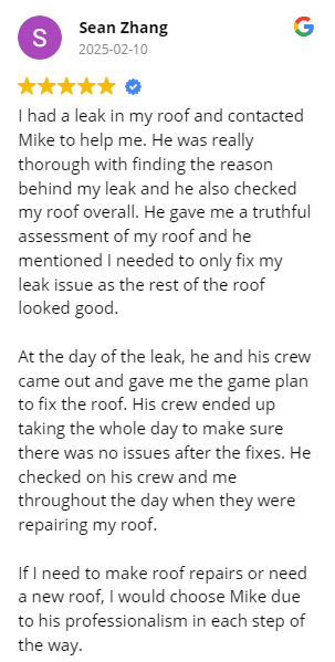 Customer review of a roofing service by