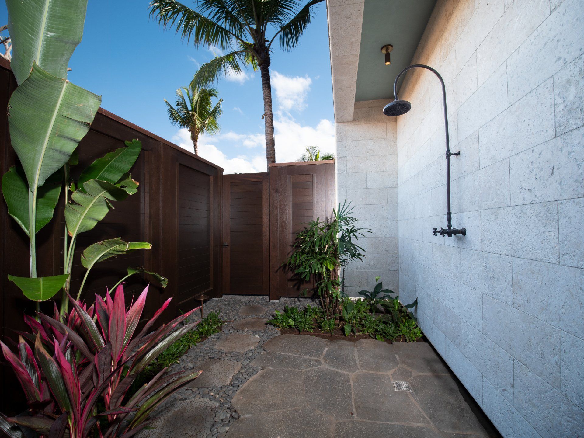 A outdoor shower with a palm tree in the background