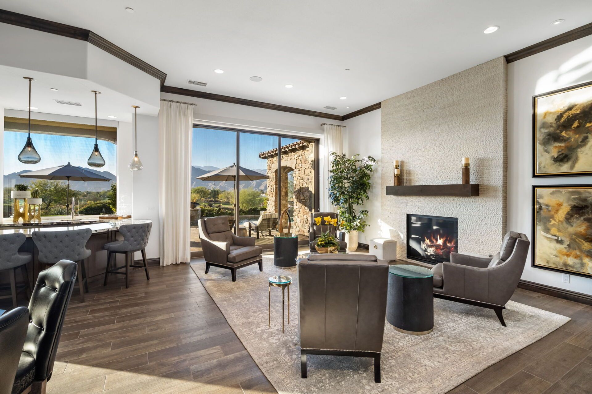 A living room filled with furniture and a fireplace.