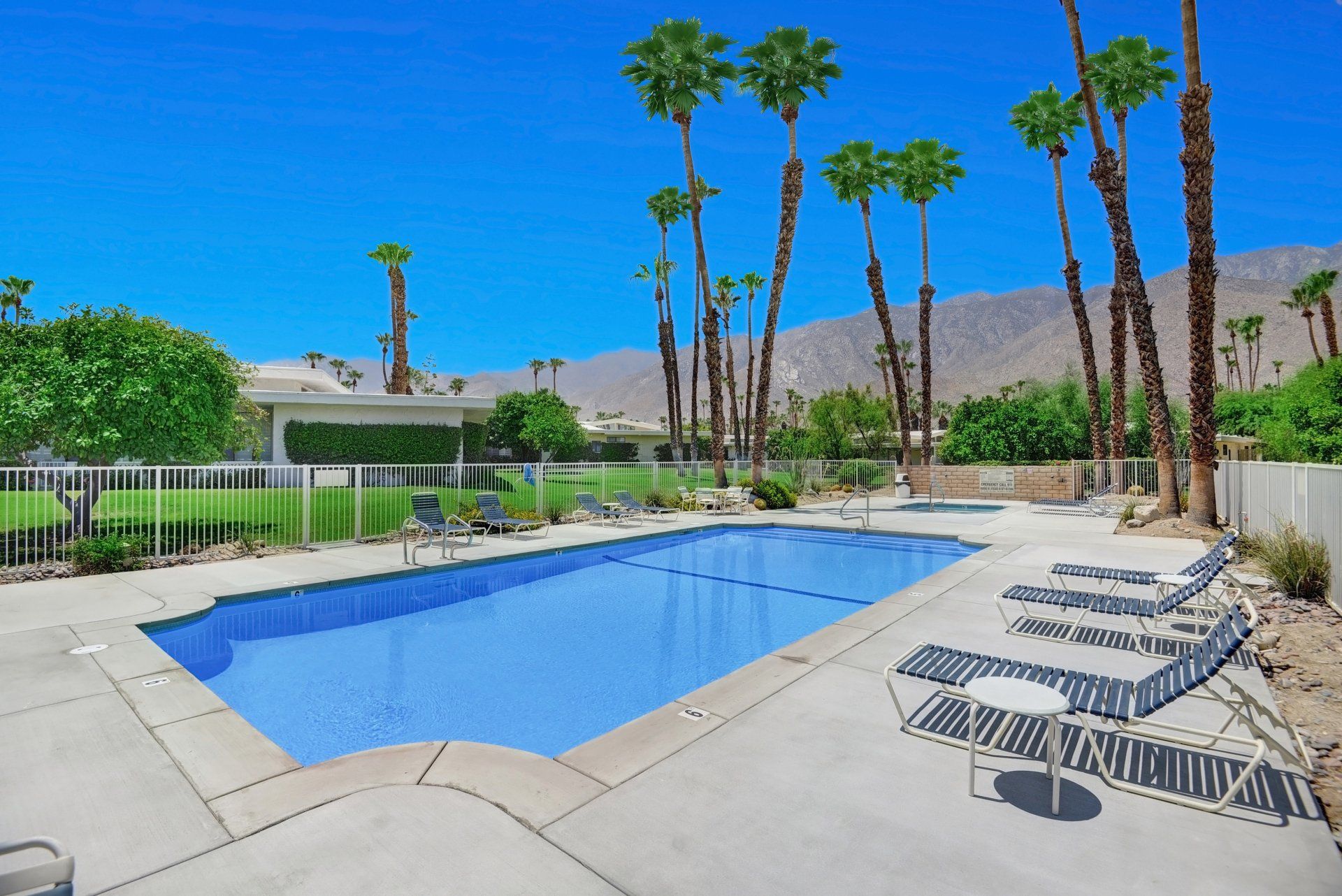 A large swimming pool with palm trees and mountains in the background