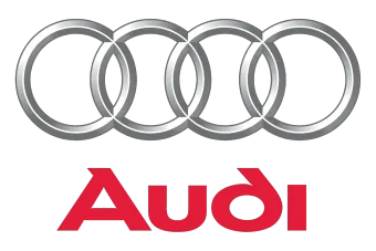 Audi logo: Silver interlocking rings above red "Audi" wordmark.