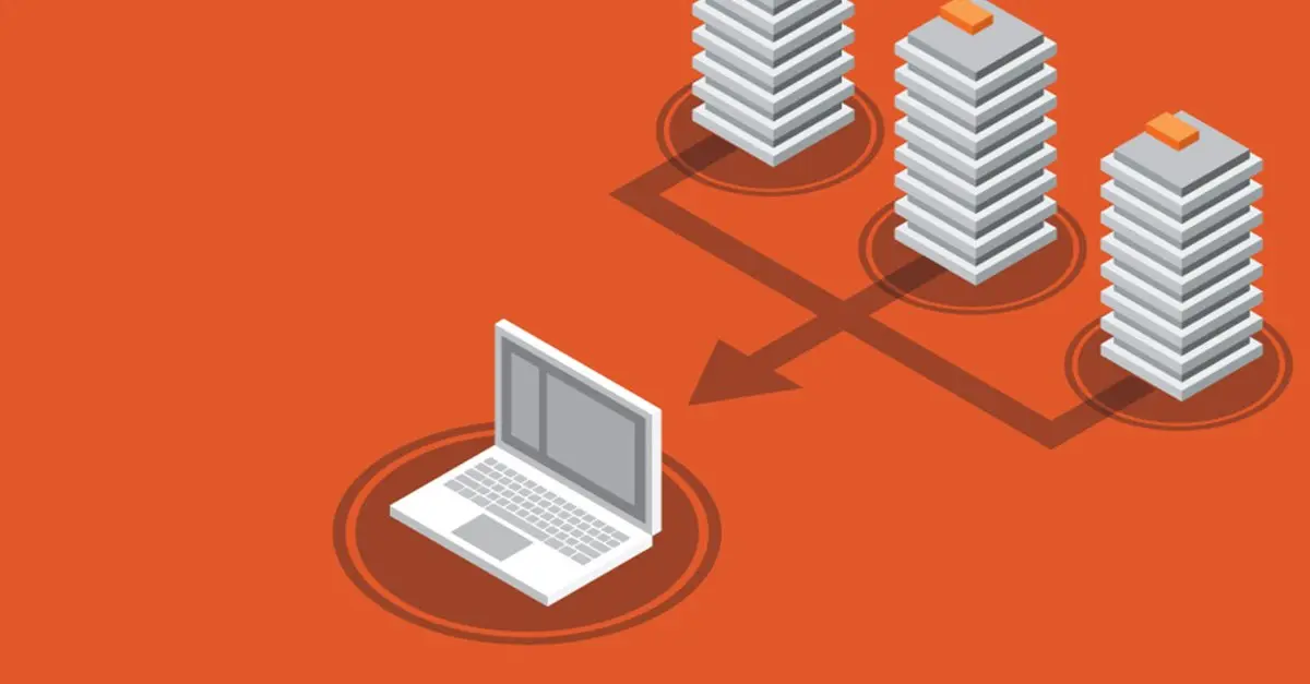 An isometric illustration of a laptop connected to three servers.