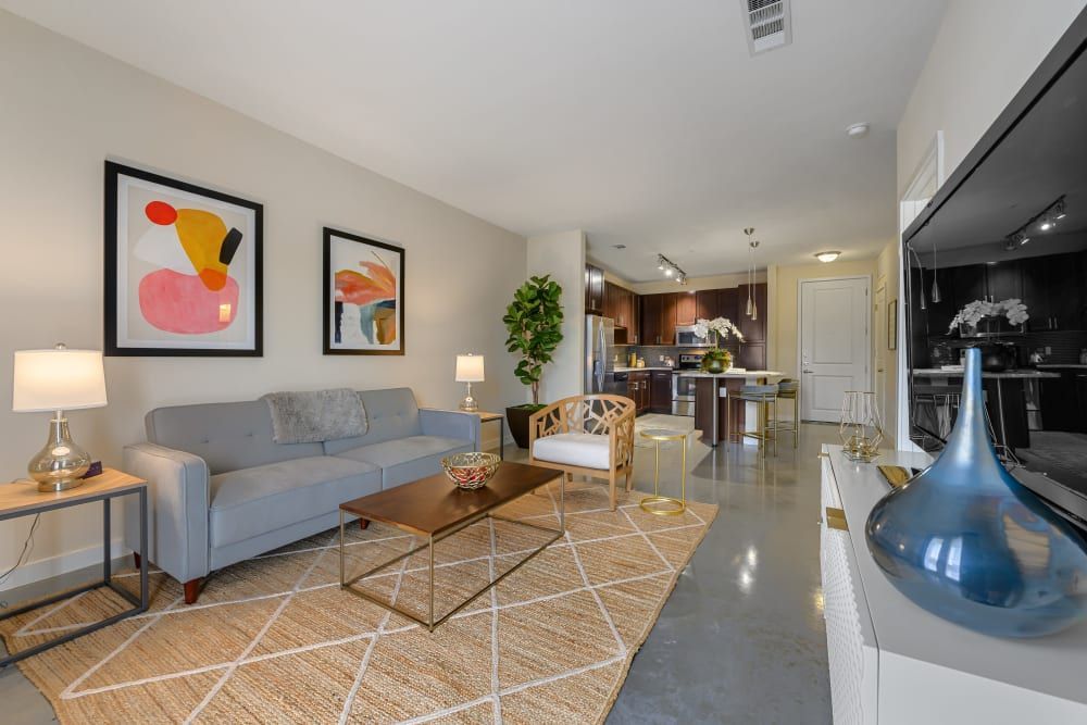 Apartment open concept living room with a couch, coffee table, chair and television at The 704 in South Lamar Austin, TX.