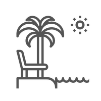 um desenho de uma cadeira sob uma palmeira e um sol.