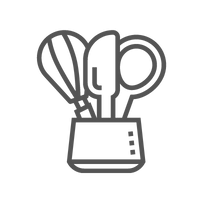 um ícone de linha de tesoura, um garfo e um batedor em uma xícara.