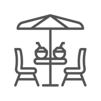 um desenho de uma mesa e cadeiras sob um guarda-chuva.