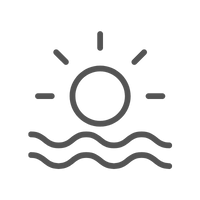 um ícone de linha de um sol e ondas em um fundo branco.