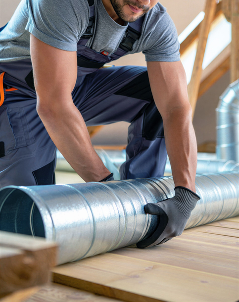 A worker in gray workwear and gloves installs a long, cylindrical metal duct on a wooden floor in a construction setting.