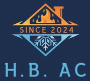 A logo for H.B. AC featuring a house outline, a flame, and a snowflake, with the text 