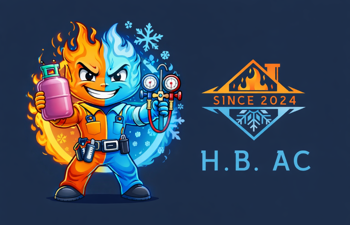 Logo for H.B. AC featuring a dual-toned fire and ice character holding HVAC tools, beside a house icon.