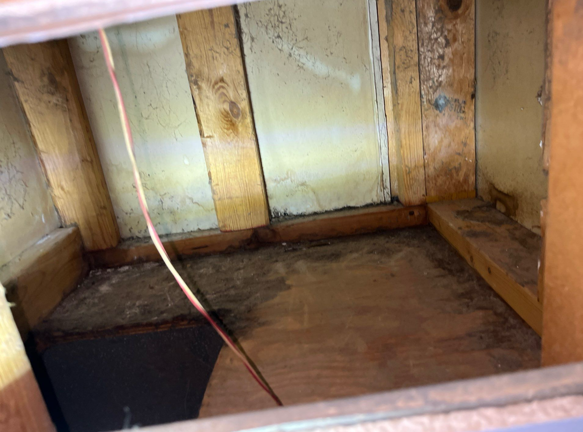Interior view of a dark, unfinished wooden cabinet or enclosure with visible water damage, staining, and dust.