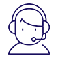 A minimalist dark blue icon of a person wearing a headset, representing customer support or a service representative.