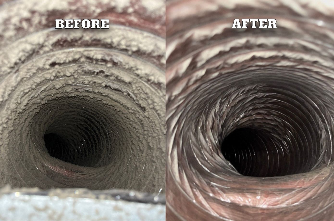 A before-and-after comparison of a dryer vent, showing it heavily clogged with lint on the left and clean on the right.