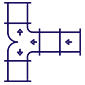 A blue line-drawing icon of a pipe junction, showing a horizontal flow splitting into two vertical directions.