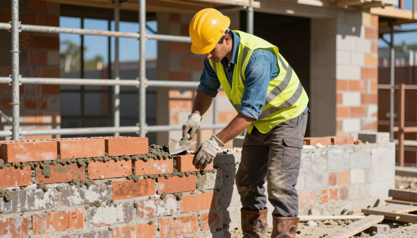 Worker laying brick blocks on a wall during masonry service in Cypress, TX