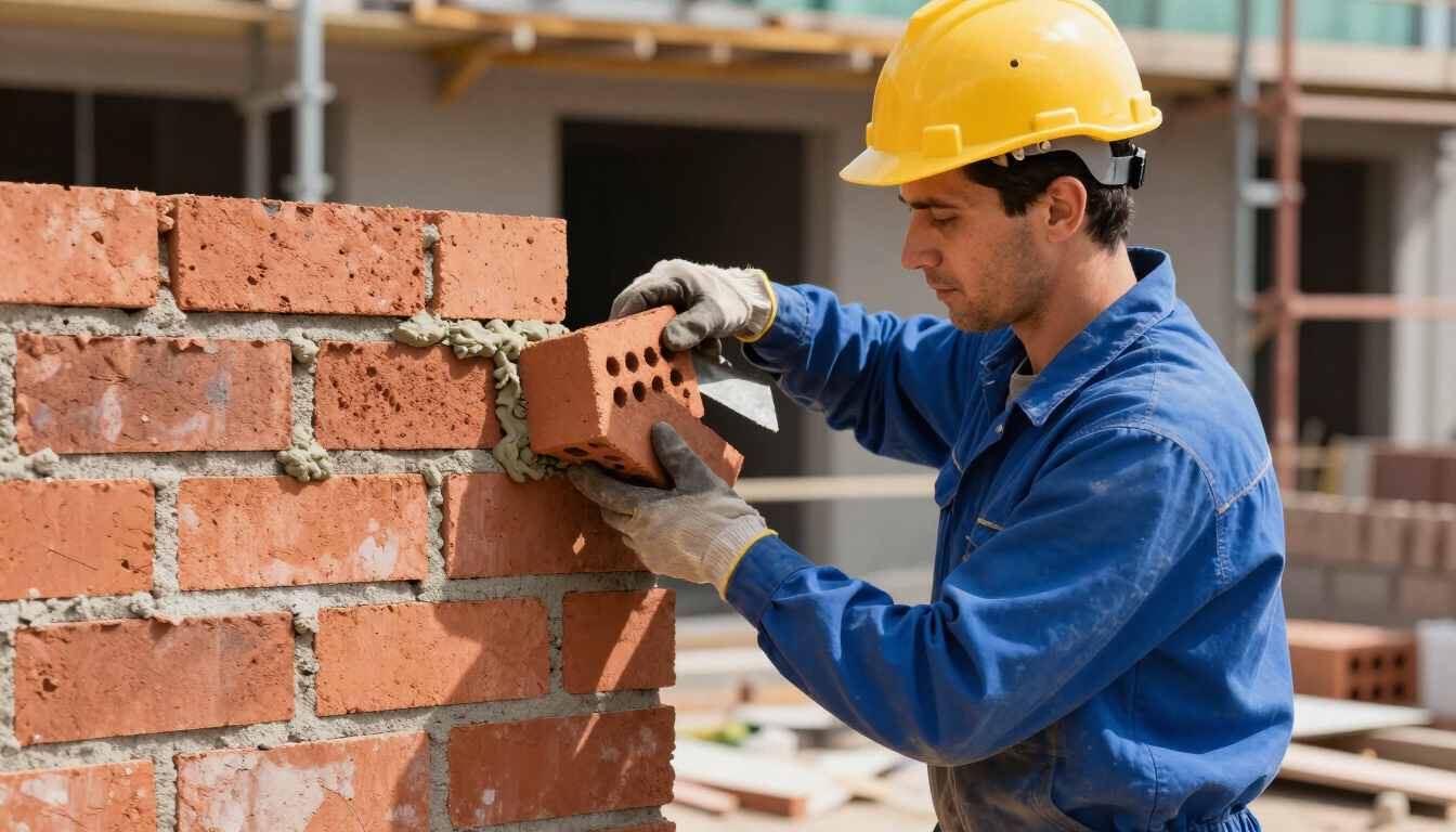 Mason repairing brickwork with a trowel during masonry service in Cypress, TX