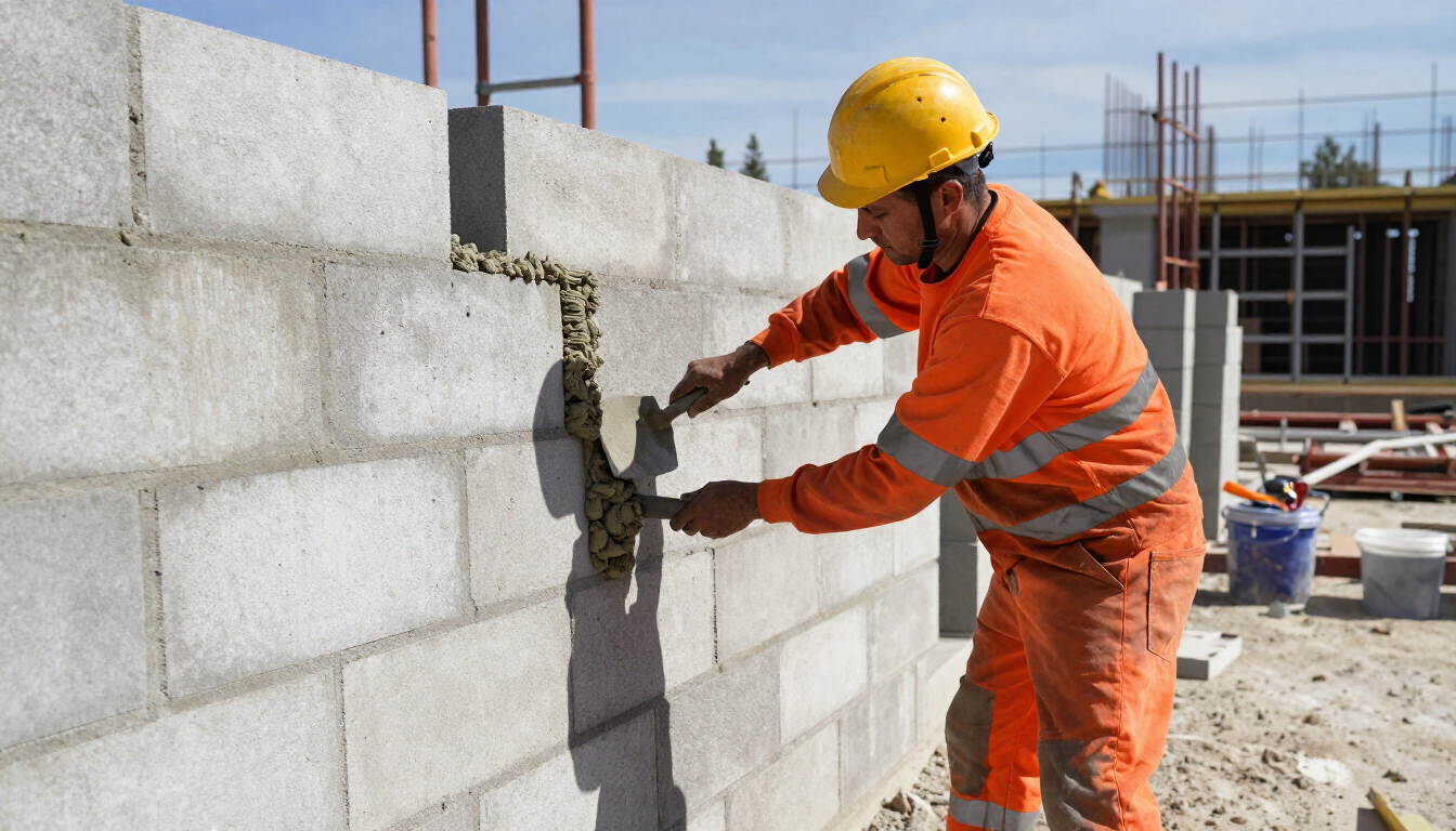 Worker applying mortar to a concrete block wall during masonry service in Cypress, TX