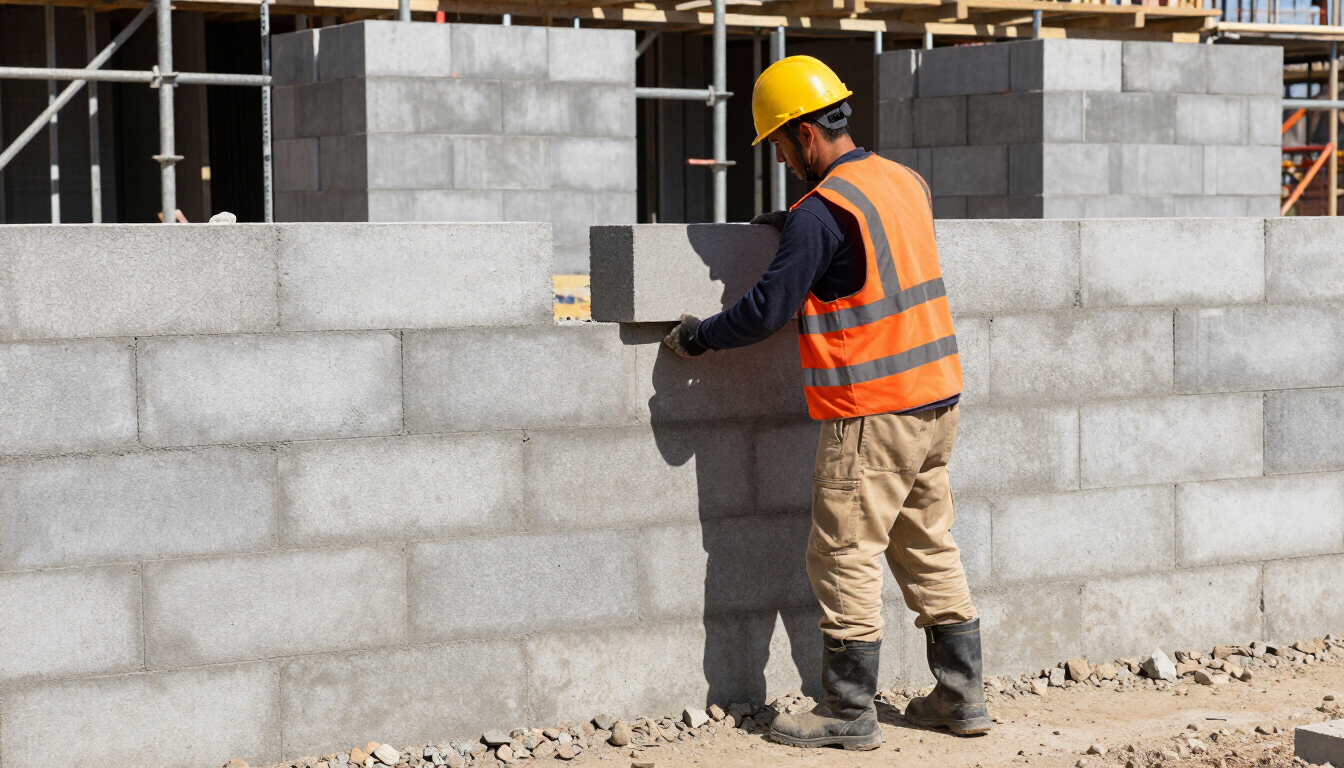 Worker checking a concrete block wall during masonry service in Cypress, TX