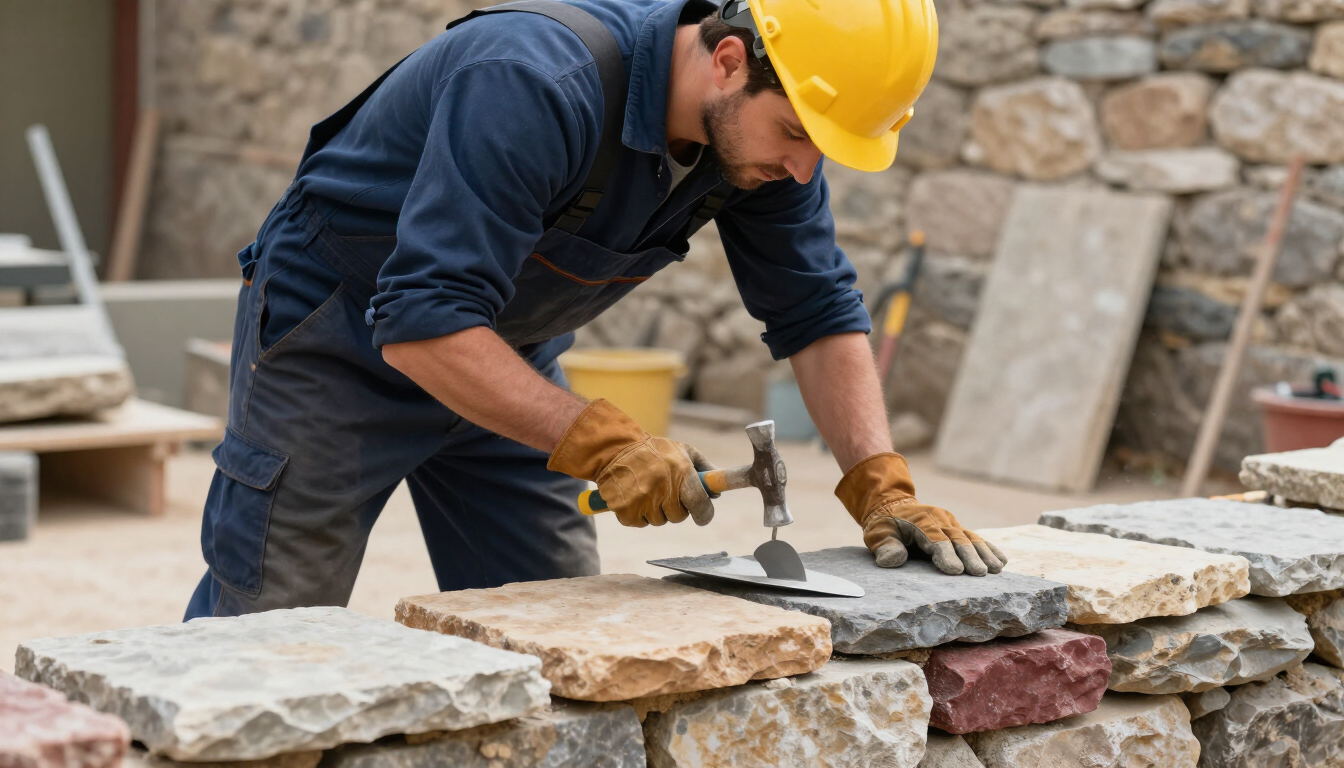 Worker setting natural stone pieces during masonry service in Cypress, TX