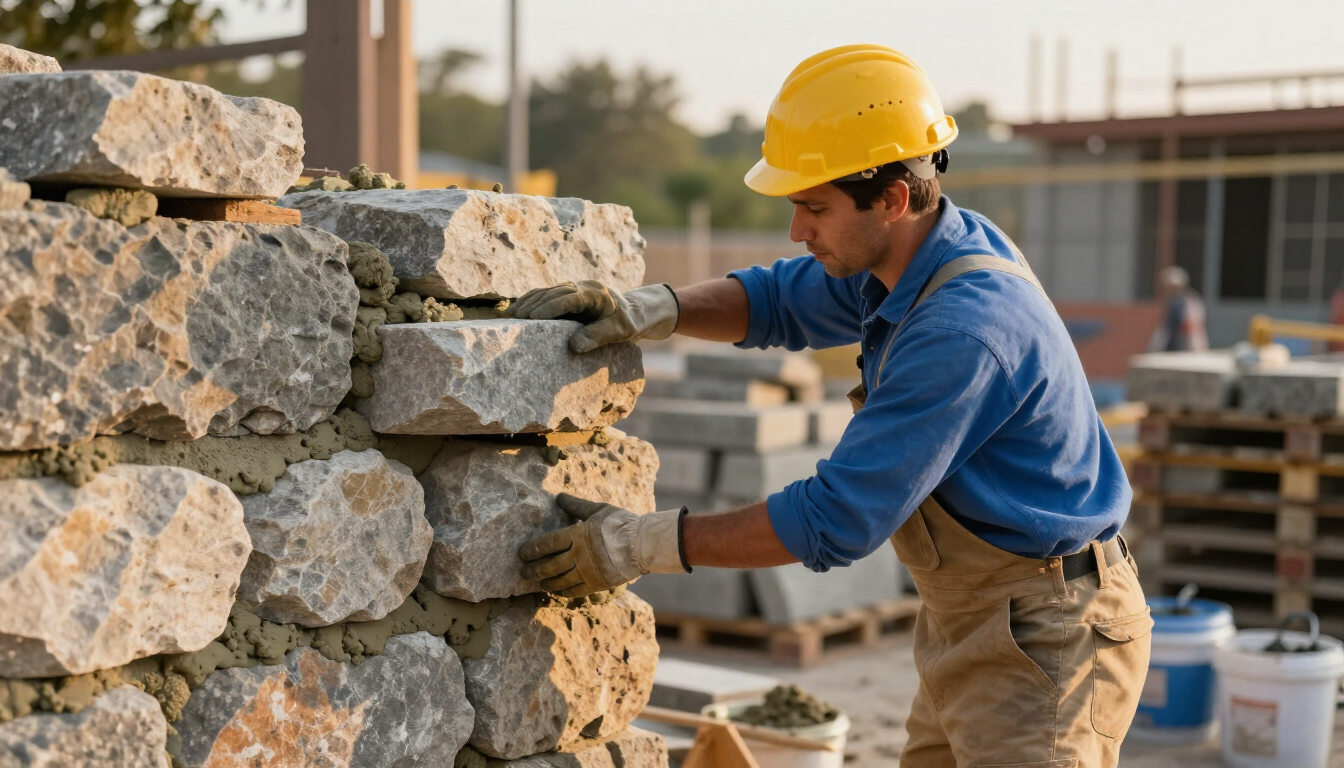 Worker building a stacked stone wall during masonry service in Cypress, TX