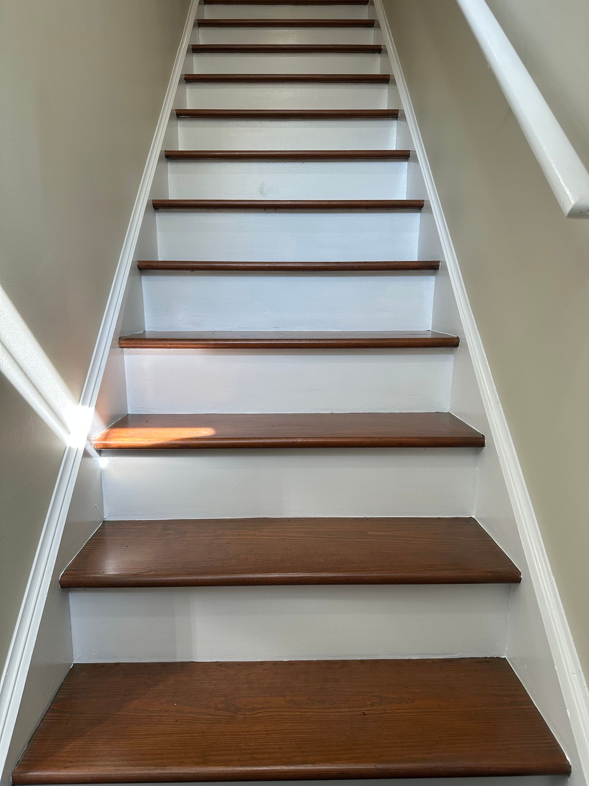 Wooden staircase with white risers and brown treads, ascending into view. Sunlight illuminates the left side.