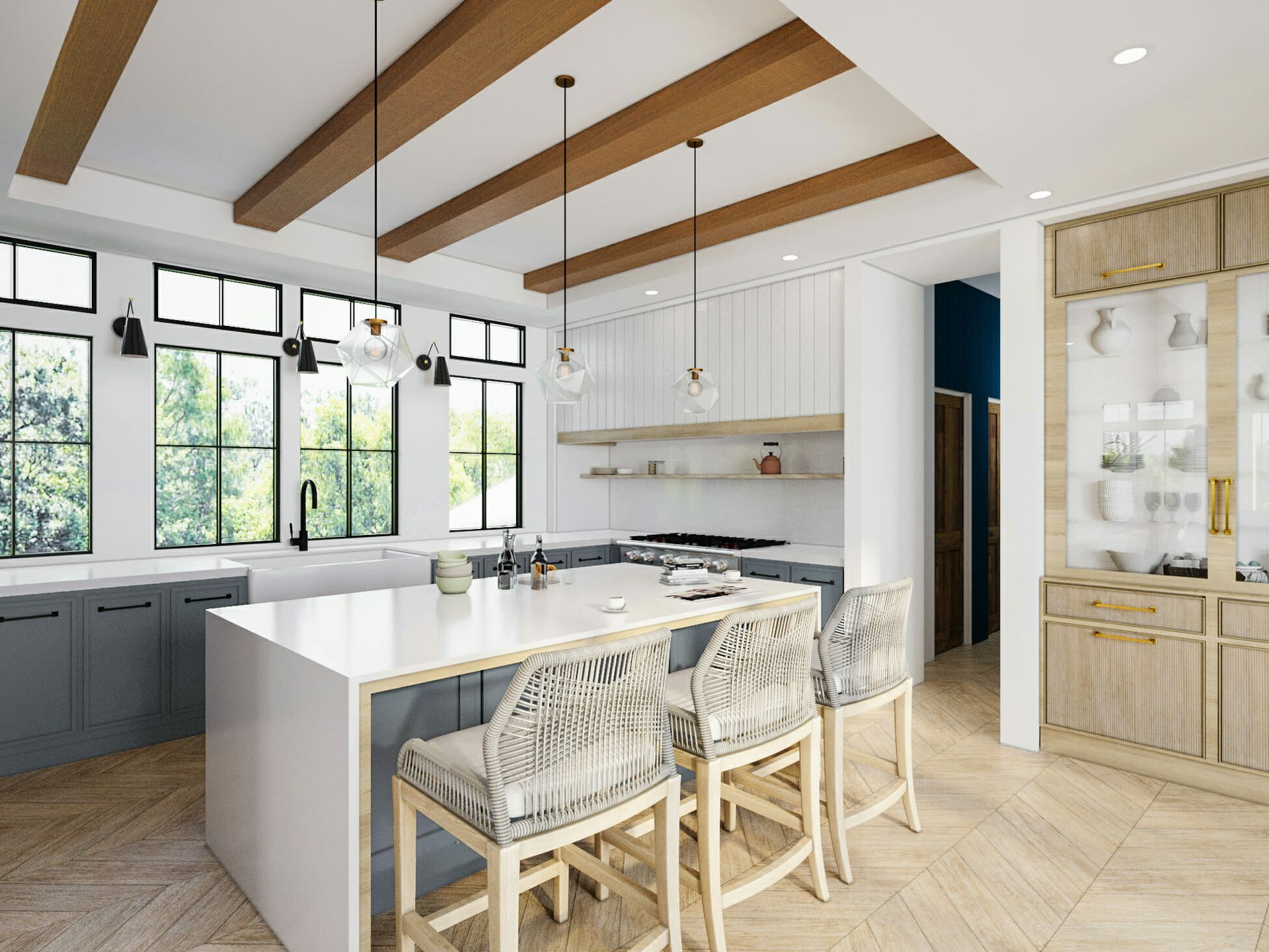 Modern kitchen with white island, gray cabinets, wooden beams, and bar stools.