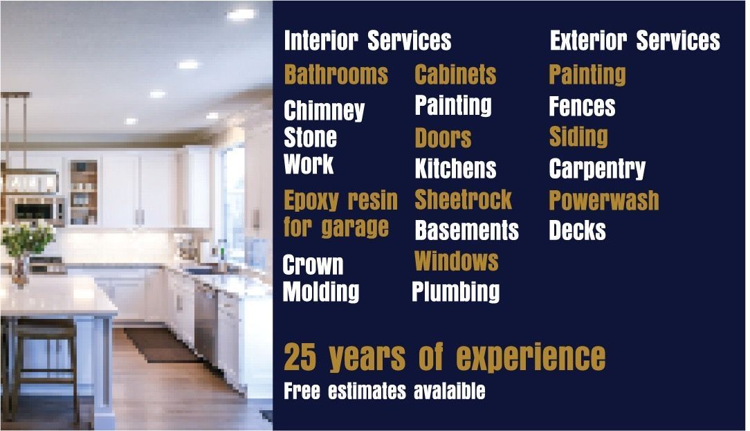 Kitchen renovation services ad with a kitchen photo, service list, and experience information.