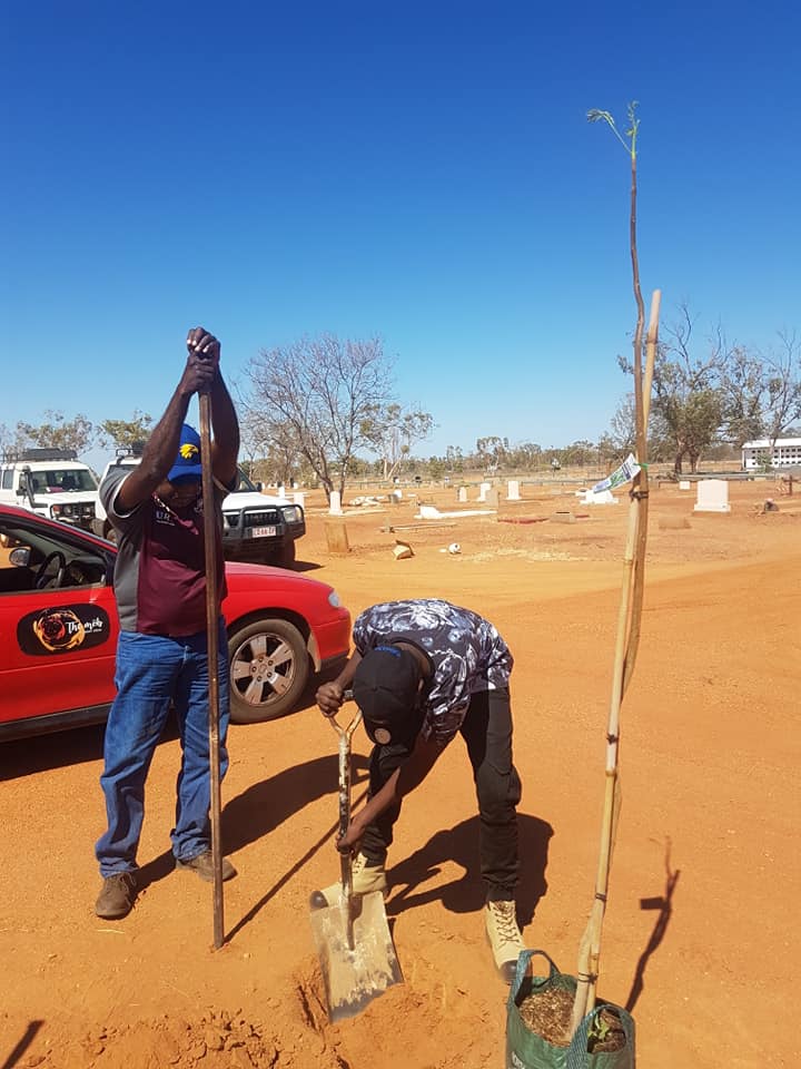 Two people planting a tree in red dirt under a clear blue sky. One uses a shovel, the other holds a long stick.