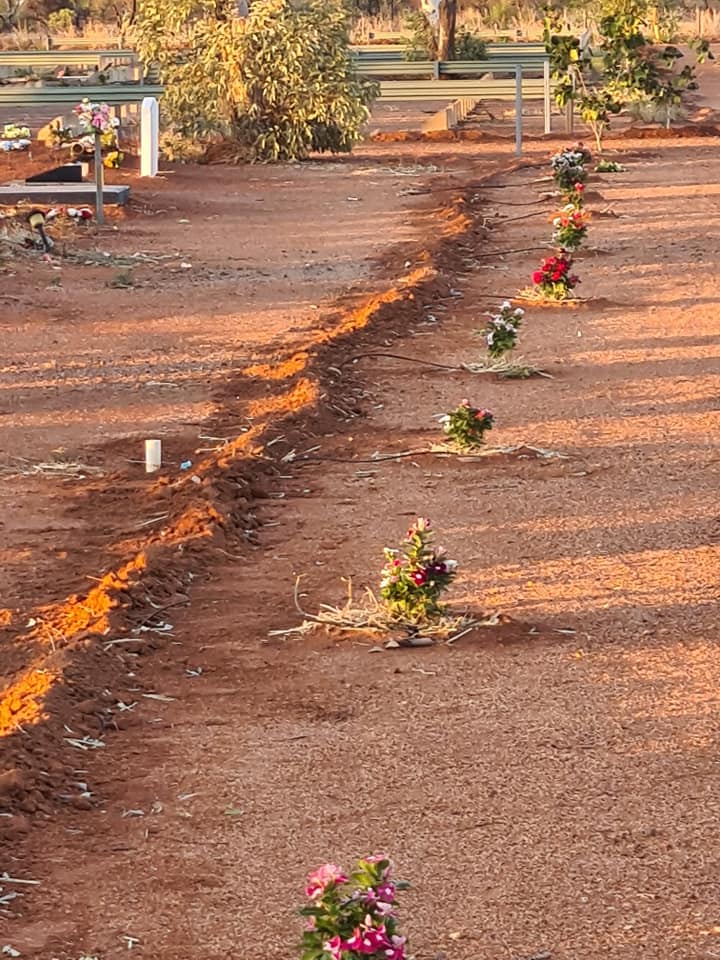 Row of graves with flowers, set in reddish soil. The setting is an outdoor cemetery.