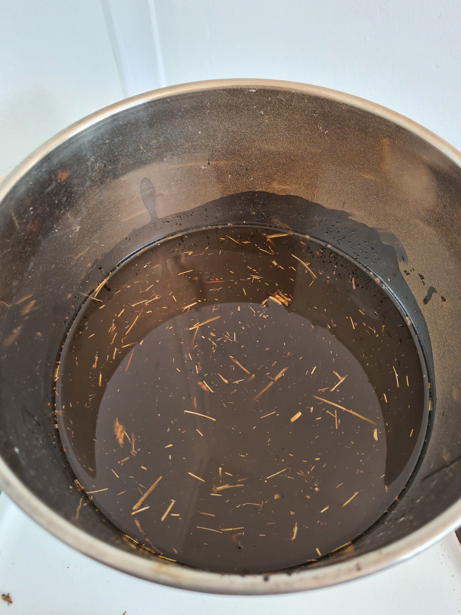Dark liquid in a stainless steel pot with a perforated bottom, containing small pieces of debris.