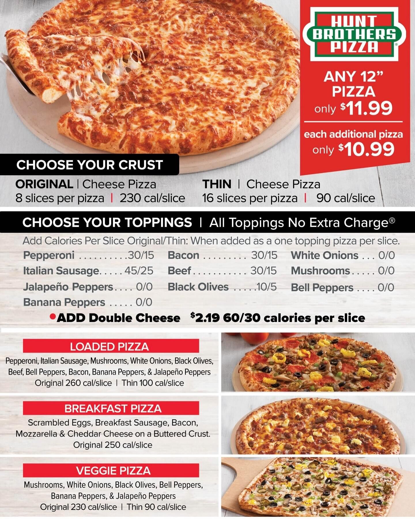 A menu for hunt brothers pizza with a picture of a pizza