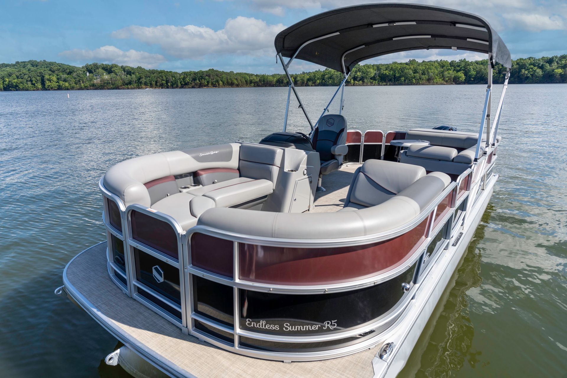 A pontoon boat with a canopy is parked in a grassy field.
