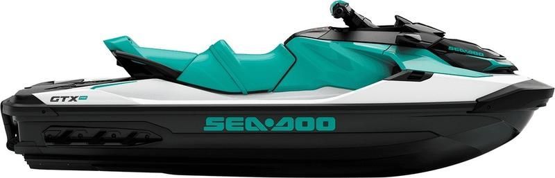 A blue and white sea doo jet ski on a white background.