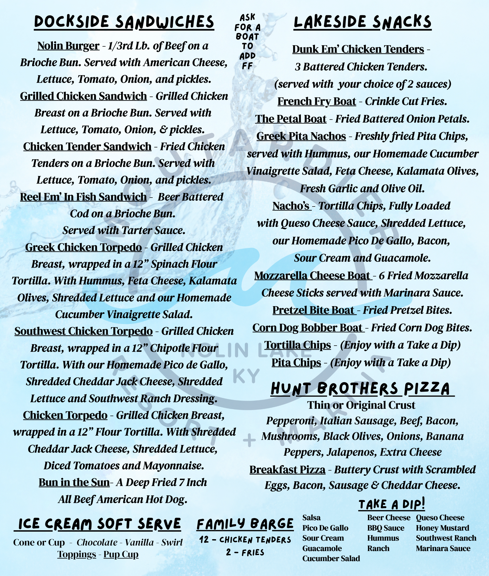A menu for a restaurant shows the main , sides , and sweets.