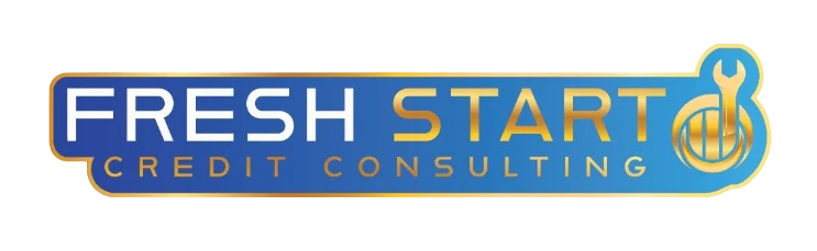 Logo for Fresh Start Credit Consulting: blue rectangle with white "FRESH" and gold "START" text, wrench and globe icon.
