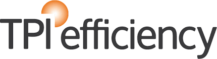 A logo for tpi efficiency with an orange circle in the middle