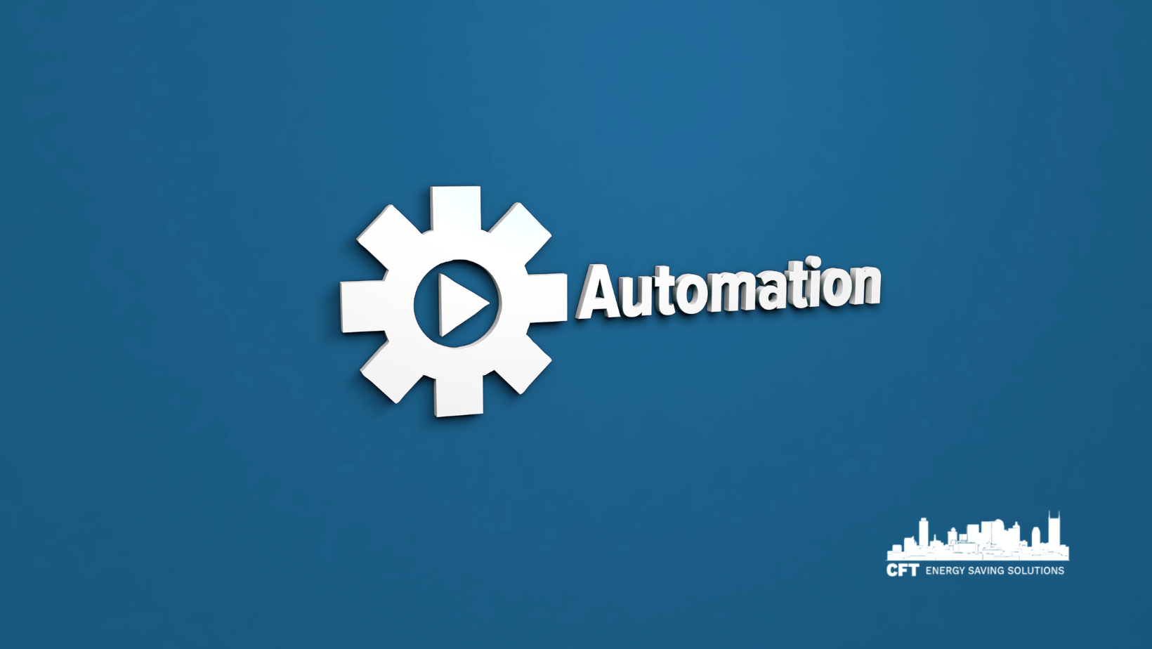 A blue background with a white gear and the word automation on it.