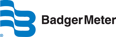 A badger meter logo with a blue and white flag on a white background.